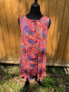 French Laundry Coral Paisley Midi Dress with Purple & Blue Accents